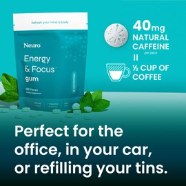 NeuroGum Energy & Focus Gum (90 Count Bag, Wintergreen) | 40mg Natural Caffeine + L-Theanine + Vitamin B12 & B6 + Xylitol | Sugar Free Nootropic Cognitive Brain Performance Supplement