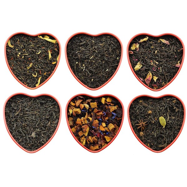Solstice Sweetheart Loose Leaf Tea Sampler Assortment in Red Heart Tins w/ 6 Varieties of Tea, Tea Gift Set - Approx 90+ Cups