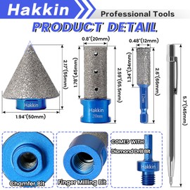 5Pcs Diamond Chamfer Bit Set with 5/8-11 Thread Adapter, 4/5" Finger Milling Bit & 1/2" Drill Bit for Tile, Ceramic, Porcelain Beveling, Trimming, Enlarging, with Engraving Pen