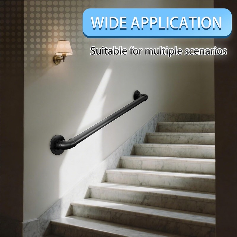 3.3FT Wall Pipe Stair Handrail - Black Galvanized Industrial Metal