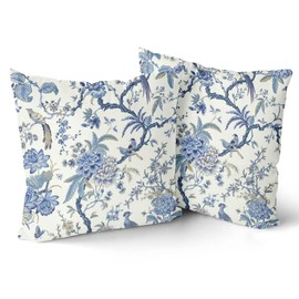 JIMOWANG Chinoiserie Pillow Covers Set of 2 Blue and White Outdoor Pillows Bule Birds Flowers Throw 18 x 18 Inch Cotton Square Cushion Cover Decor for Bedroom Couch