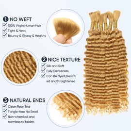 Honey Blonde Human Braiding Hair for Boho Braids,150g 16 inch 6 Bundles Blonde Deep Water Wave Bulk Boho Curly Human Hair for Braiding, 27# No Weft Wet and Wavy human Braiding Hair Extensions
