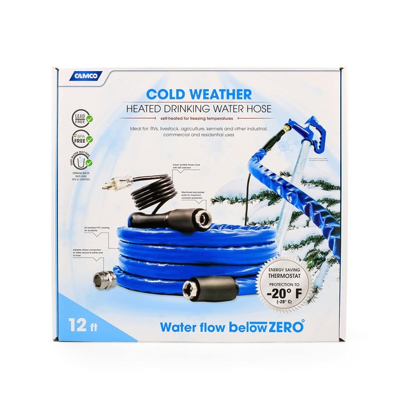 Camco 12-Foot Heated Drinking Water Hose | Features Water Line Freeze Protection Down to -20°F/-28°C & Energy-Saving Thermostat | Includes Adapter for Connection to Either End of Hose (22910)