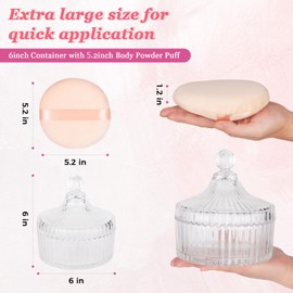 2Pcs Extra Large Body Powder Puff & Luxury 6" Glass Jar Dusting Powder Container with Puff for Women Bath Powder Puffs Perfect for Talcum or Loose Powder (Beige)