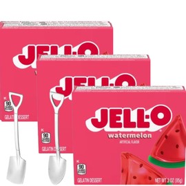 Jell-∅ Gelatin Dessert Mix - 3 oz Boxes (Pack of 3) - With Mini Shovel Spoons (Watermelons) - Metal Spoons