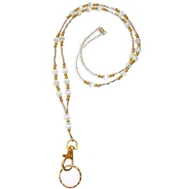 Hidden Hollow Beads, Simple Black, Women's Fashion Beaded Lanyard Necklace, 34", Key and ID Badge holder (Simple White GOLD - Magnetic Breakaway)