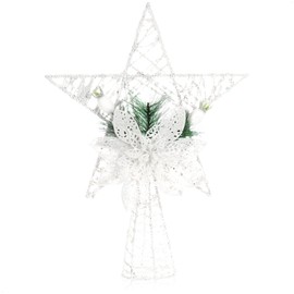 COM-FOUR® Deco Star Christmas - White Metal Star with Pine Needle, Flower & Berry - Christmas Tree Topper