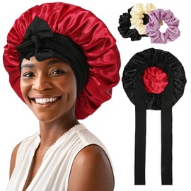 AWAYTR 2 Layered Satin Bonnet for Women Tie Band Hair Bonnet for Sleeping Silk Sleeping Cap with 3PCS Hair Scrunchies (Reversible (Black/Red))