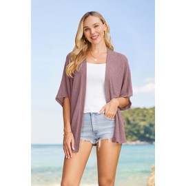 STYLEWORD Womens Trendy 2025 Summer Fashion Lightweight Cardigan Short Sleeve Loose Waffle Shrug Sweaters Kimono Beach Cover Up Belero Tops(Pink Purple-M)