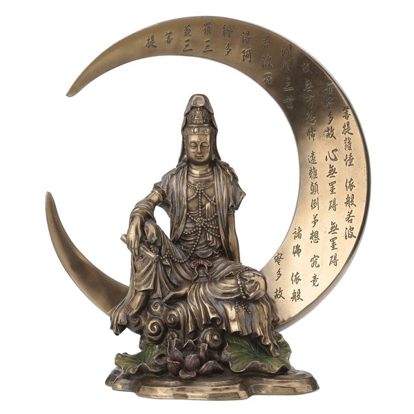 Guan Yin Sitting on Crescent Moon with Heart Sutra Statue