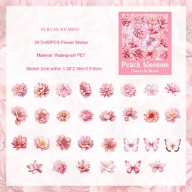 Doraking 60 Pieces Glitter Shiny Flower Stickers for Journaling, Waterproof Decorative Decal for Scrapbooking Supplies Journal Planners Art Crafts Photo Album Decor (Pink)