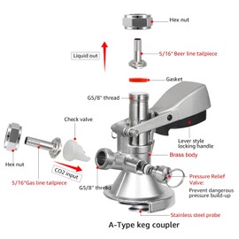 Dbgogo Type A Keg Coupler, German Slider-Style Beer Keg Coupler Stainless Steel Probe Keg Tap Dispenser for I.D 5/16” Draft Beer Line A System Keg Coupler Beer Barrel Coupler Kegerator Parts