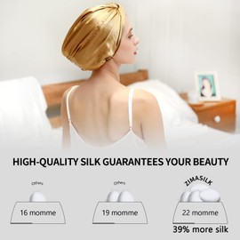 ZIMASILK 22 Momme Organic Pure Mulberry Silk Bonnet for Women Hair Care,Natural Silk Hair Wrap for Sleeping, Silk Sleep Cap with Elastic Stay On Head, Classic Pleated(1Pc, Golden)