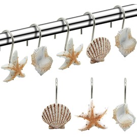 Seashell Shower Curtain Hooks,12PCS Anti Rust Decorative Resin Hooks for Bathroom, Baby Room, Bedroom, Living Room Decor (Light Brown Seashell)