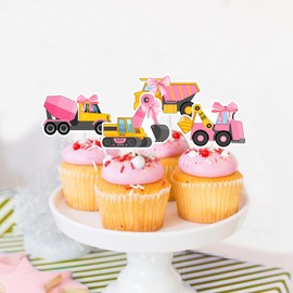 Sursurprise Pink Construction Cupcake Toppers for Girls Pink, 36PCS Construction Cupcake Picks, Dump Truck Bulldozer Excavator Construction Birthday Baby Shower Builder Party Supplies