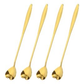QUARKZMAN Set of 4 Stainless Steel Flower Spoons 7 Inch Long Handle Heart Teaspoon Ice Cream Spoon Coffee Spoon for Cocktail Stirring Mixing Gold