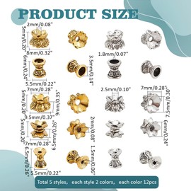 PH PandaHall 120pcs 10 Styles Flower Spacer Beads Tibetan Spacer Beads Metal Craft Beads Silver Double End Beads Golden Jewelry Loose Beads for Bracelet Necklace Earring Jewelry Making