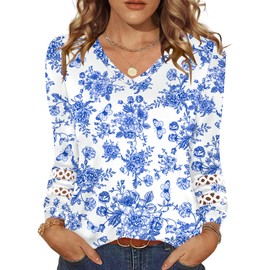 Rapbin Womens Long Sleeve V Neck T Shirts Lace Work Tunic Tops Formal Top for Women(White Blue Floral_L)