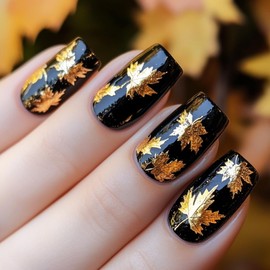 3D Maple Leaf Press on Nails 24Pcs Thanksgiving Press ons Fingernails Autumn Gel Glue on Acrylic Fake Nails Glossy Gold Glitter Medium Square False Nail Fall Leaves Stick on Nail for Holiday Gift