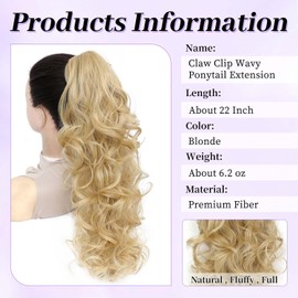 Vejamotowa Ponytail Extension Curly Wavy, 22" Blonde Claw Clip Ponytail Extensions for Women, Fluffy Long Wavy Curly Fake Pony Tail Clip in Hair (86/88#, 22 Inch)