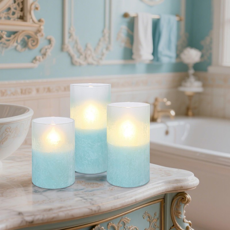 Holitown Glass Flameless Candles Set of 3 Blue Sandblasted Battery
