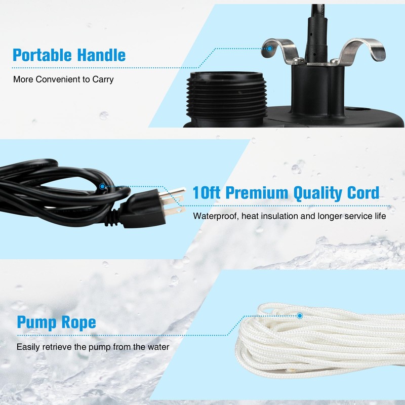 KITLUCK Sump Pump, 1/2HP 2000GPH Submersible Water Pump Electric, Thermoplastic