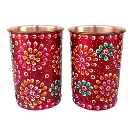 Rastogi Handicrafts Pure Copper Glass Tumblers Hand Painting Art Work Outer Side Red (2)