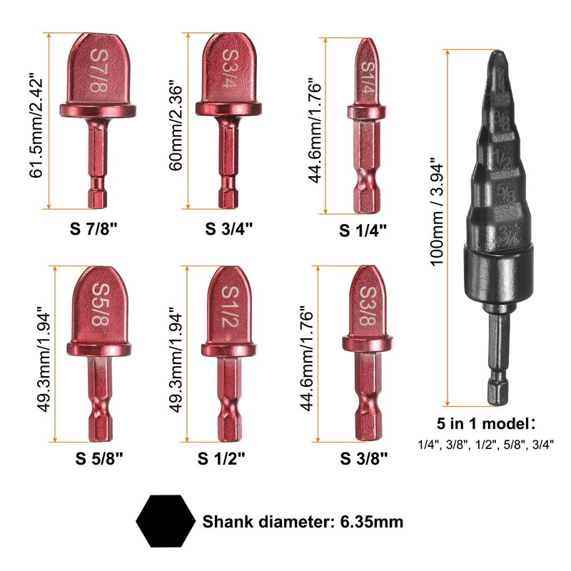 uxcell 7Pcs Swaging Tool Drill Bit Set 1/4" 3/8" 1/2"