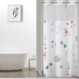 QiyI Stall Floral Shower Curtain with Snap in Liner, Sage Green and Pink Watercolor Cloth Bath Curtain, No Hook Shower Curtains with Mesh Window, Fabric Waterproof Bathroom Curtain Set, 36 x 75 Inch