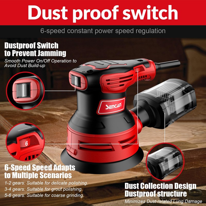 SENCAN 280W Random Orbit Sander, 6 Variable Speed 5-Inch,4000-12000 RPM