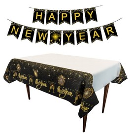 Losuya 2024 New Year Tablecloth and Happy New Year Banner Black Gold Tablecloth 2024 New Year's Eve Party Accessories