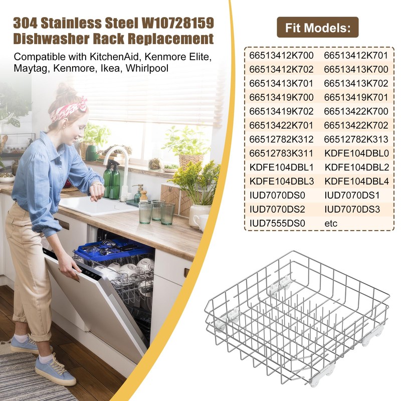 UPGRADED 304 Stainless Steel W10728159 W10525646 Dishwasher Bottom Rack Replacement