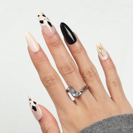 Medium Almond Press on Nails French Tip Fake Nails Black White with 3D Gold Chrome Design Artificial False Nails for Women Girls Manicure 24 Pcs (P-5, M-5)