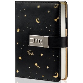 TIEFOSSI Starry Leather Journal with Lock, Refillable Paper Binder Password Diary, Secret A6 Writing Hardcover Notebook for Women Girls Boys, 5.12 X 7.28 Inch