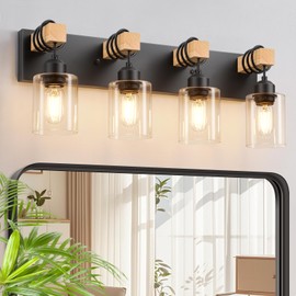 Licperron 4-Lights Farmhouse Vanity Lights for Bathroom, Matte Black Bathroom Light Fixtures with Clear Glass Shade, Rustic Wood Wall Lighting Fixtures Over Mirror for Bedroom, Living Room, Hallway