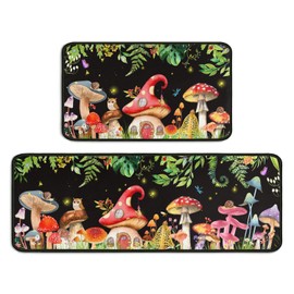 Sunopas 2 Piece Mushroom Kitchen Rug Set, Home Farmhouse Black Kitchen Rugs and Mats, Washable Non Skid Absorbent Microfiber Kitchen Floor Decor Mat 17"x 47"+17"x 30"