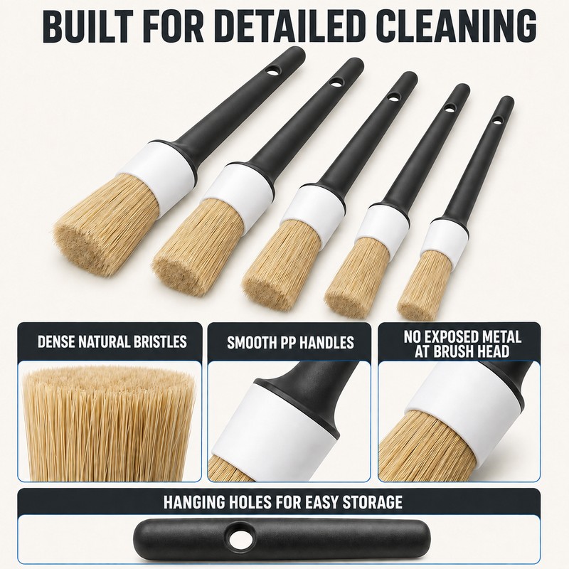 Car Detailing Brush Set, 5-Piece Boar Hair Car Cleaning Brushes