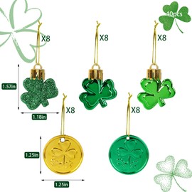 CCINEE 40pcs St Patrick's Day Decorations Shamrock Ornaments and Coins Set Green Gold Plastic Good Luck Clover Hanging Baubles Trefoil Pendant Decoration for Irish Festival Tree Shelf Home Party Decor