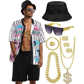 WILDPARTY 80s 90s Outfit for Men, Hip Hop Costume Baseball Jersey Shirt Shorts Rapper Accessories 1990s Party Costume