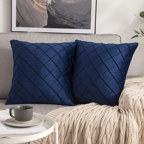 MIULEE Pack of 2 Velvet Cushion Covers Home Decoration with Square Pattern Throw Pillow Covers Super Soft Modern Smooth Washable for Living Room Bedroom Sofa Navy Blue 50x50cm 20x20 Inch