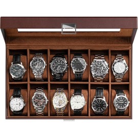 Watch box organizer for men, 12 slot watch display case with glass lid, PU leather watch Storage Mens Watch case, watch holder organizer for men women-12 slot, Brown - Colour: Brown, Size: 12-Slot