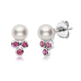 BLUE OCEAN PEARLS .925 Sterling Silver, Pink Sapphire High Luster Stones Earrings for Women, Freshwater Cultured White Round Pearl 7-7.5mm Stud Earring Jewelry