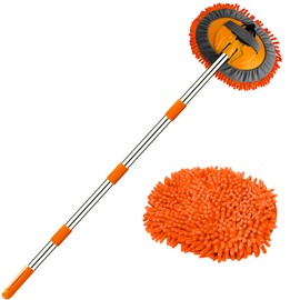 WillingHeart 63" Car Wash Mop Brush Tool Mitt with Long Handle Length More Suitable for Washing American Cars Truck, SUV, RV, Trailer, 2 in 1 Chenille Microfiber Duster Not Hurt Paint Scratch Free