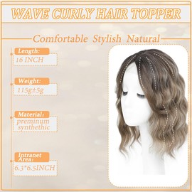 Hair Toppers for Women with Thinning Hair, 16 Inch Toppers Hair Pieces for Women Side Part Clip in Bangs 360° 3D Curly Wavy(Dark brown mixed with medium brown mixed 60B#)