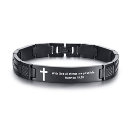 MEALGUET with God All Things are Possible Engraved Stainless Steel Christian Bible Verse Cross Carbon Fiber Link Bracelet for Men