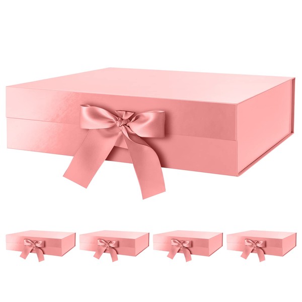 GREEN BEAN 5 Large Gift Boxes with Lids for Present 13x9.7x3.4 Inches, Rose Gold Magnetic Gift Boxes with Ribbon, Bridesmaid Proposal Boxes, Luxury Gift Boxes (Glossy Rose Gold)