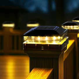 Solar Post Cap Lights, Upgraded Outdoor Deck Fence Post Solar Lights for 4x4 5x5 Wood/Vinyl Posts, IP65 Waterproof, 10-12 Hours Warm White Glow for Garden/Patio/Porch - 6-Pack, Dark Black