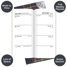 Taschenkalender 2026, schmal, Wochenansicht, Blau, Schottenkaro, Brieftaschengröße, Planer, Arbeit, Studium, Reisetagebuch, leicht, kompakt, tragbar, Organizer, Notizbuch