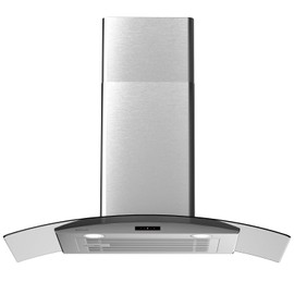 SOONYE 30 Inch Wall Mounted Curved Glass Range Hood with 450 CFM Stainless Steel kitchen Ductless/Ducted Convertible with 3 Speeds Extract Fan & Touch Control