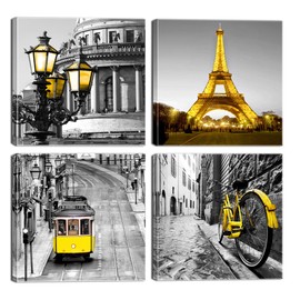 Yellow Paris Eiffel Tower Decor Black and White City Canvas Wall Art Modern Paris Pictures Artwork for Bedroom Living Room Bathroom Office Home Decor 12"X12"X4
